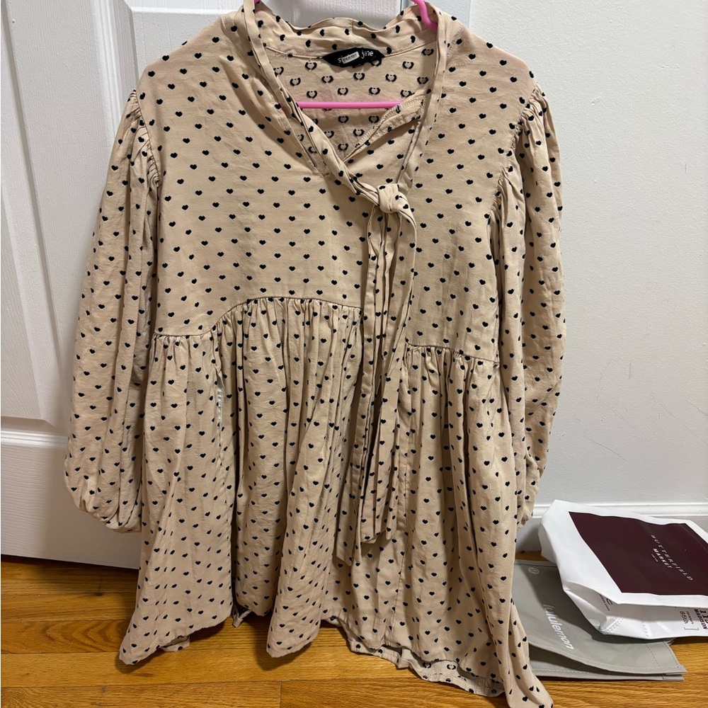 Cream Polka Dot Blouse with Tie Neck